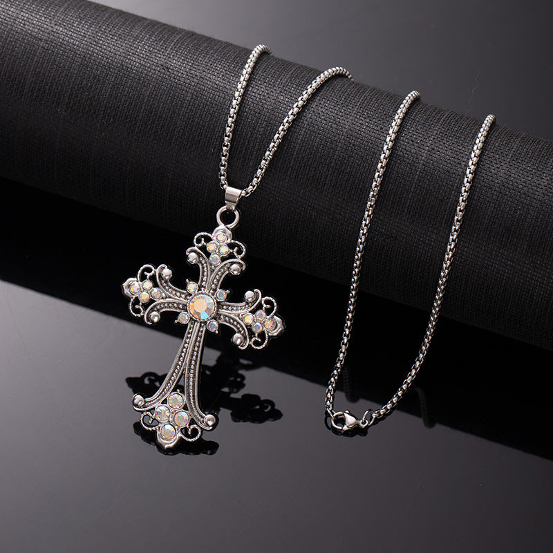 Wholesale Hollow Flower Necklace Diamond Cross Pendant Necklace Sweater Chain